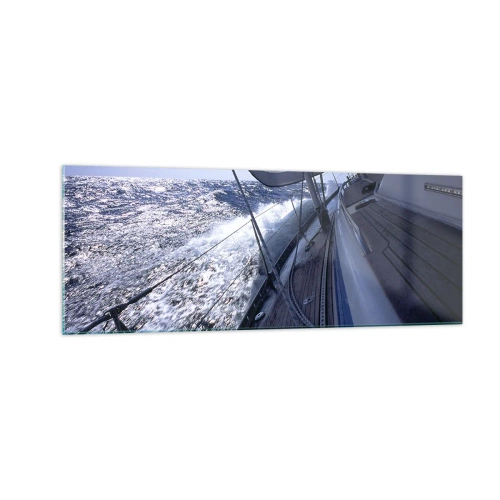 Glasbild - Bild auf glas - Ein Segelboot in stürmischer See mit weißen Segeln und einem Holzdeck. - 140x50cm - Ich weiß was es heißt ein Vogel zu sein - Moderne Wanddekoration für Wohnzimmer und Schlafzimmer ARTTOR