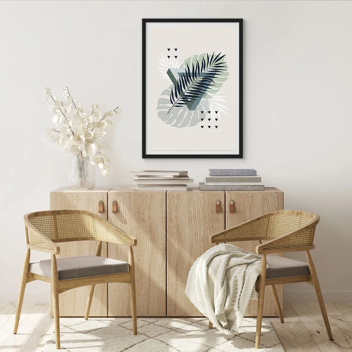 Poster in einem schwarzem Rahmen - Abstrakte tropische Blätter auf hellem Hintergrund - 50x70cm - Natur und Geometrie – zwei Ordnungen? - Moderne Wanddekoration für Wohnzimmer und Schlafzimmer ARTTOR