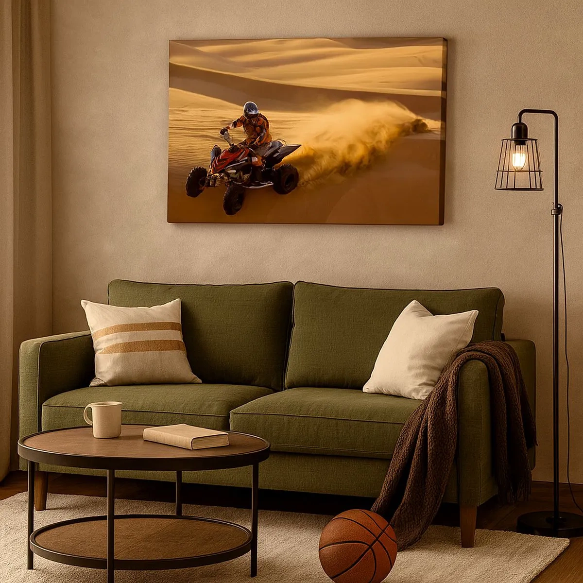 Bild auf Leinwand - Leinwandbild - Ein Motorradfahrer auf einem Quad rast über die Sanddünen der Wüste - 70x50cm - Auf den Sandwellen - Moderne Wanddekoration für Wohnzimmer und Schlafzimmer ARTTOR