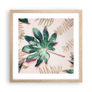 Poster in einem Rahmen aus heller Eiche - Eine Studie von Grün auf einem rosa Hintergrund - 40x40 cm