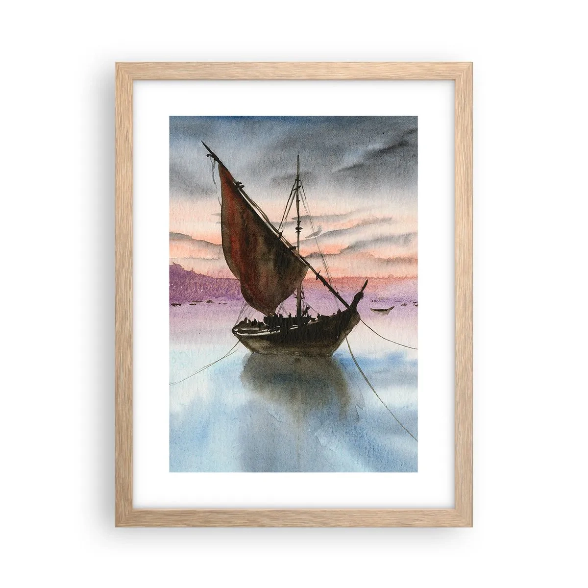 Poster in einem Rahmen aus heller Eiche - Abend am Hafen - 30x40 cm