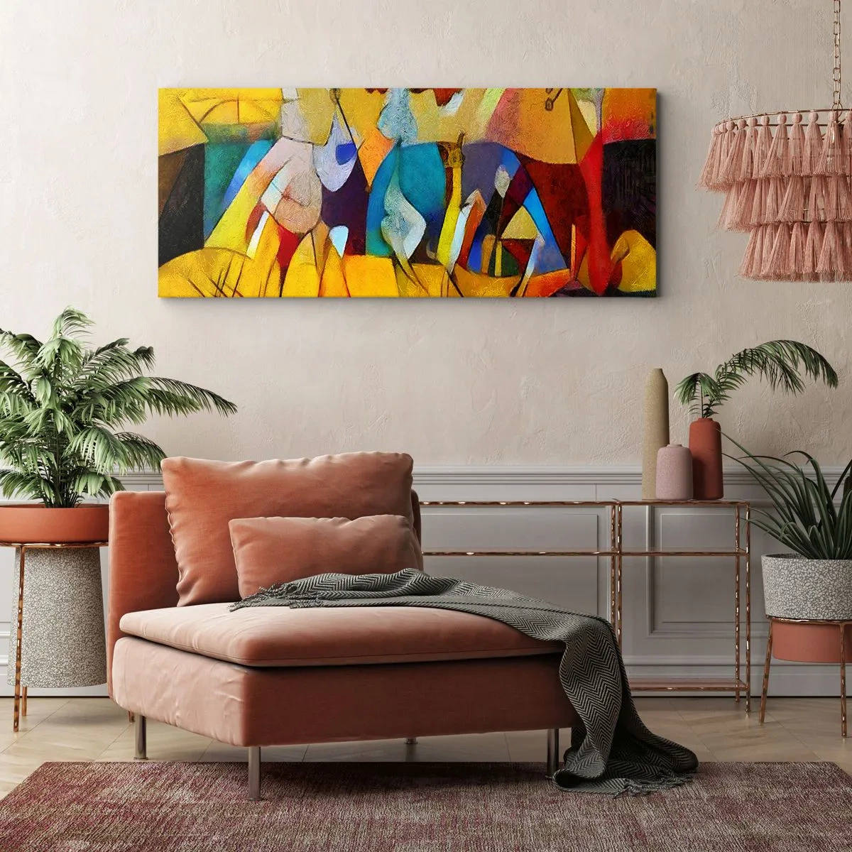 Bild auf Leinwand - Leinwandbild - Eine farbenfrohe Abstraktion, die Figuren in geometrischer Form darstellt - 120x50cm - Sonne - Leben - Freude - Moderne Wanddekoration für Wohnzimmer und Schlafzimmer ARTTOR