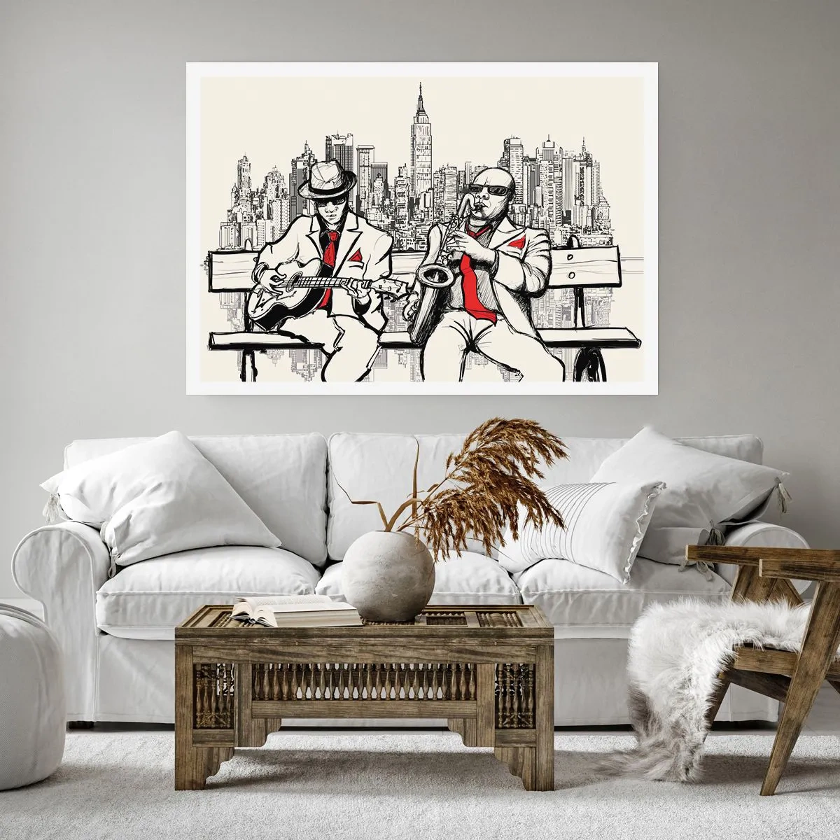 Poster - Ein Jazzduo mit Saxophon und Gitarre vor der Kulisse der Stadt - 100x70cm - New Yorker Improvisation - Moderne Wanddekoration für Wohnzimmer und Schlafzimmer ARTTOR