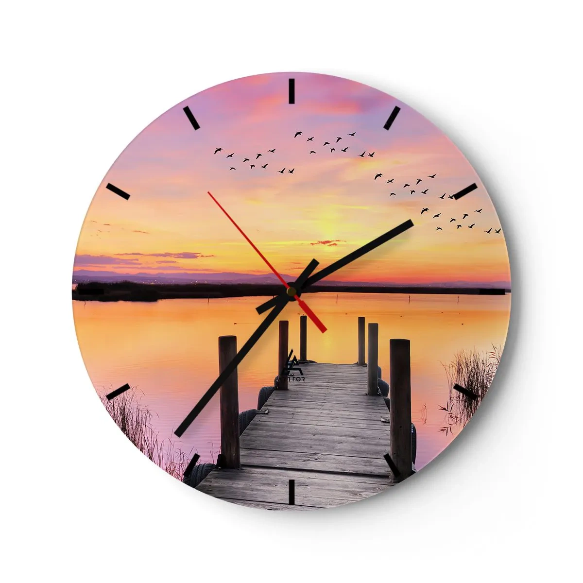 Wanduhr - Glasuhr - Ein Pier an einem See bei Sonnenuntergang, Vögel fliegen davon - 30x30cm - Violette stille Morgendämmerung - Moderne Wanddekoration für Wohnzimmer, Küche und Schlafzimmer ARTTOR