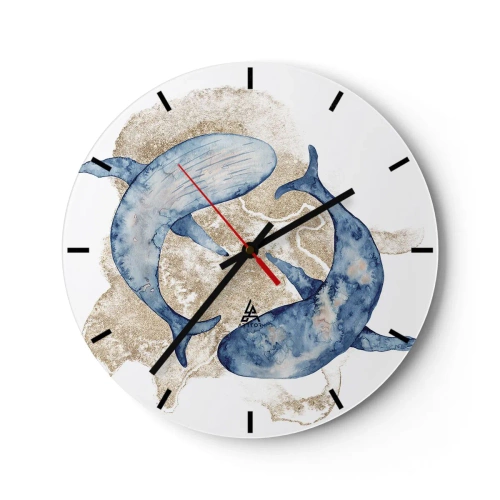 Wanduhr - Glasuhr - Blauwale vor dem goldenen Sand - 30x30cm - Freundschaft oder Liebe? - Moderne Wanddekoration für Wohnzimmer, Küche und Schlafzimmer ARTTOR