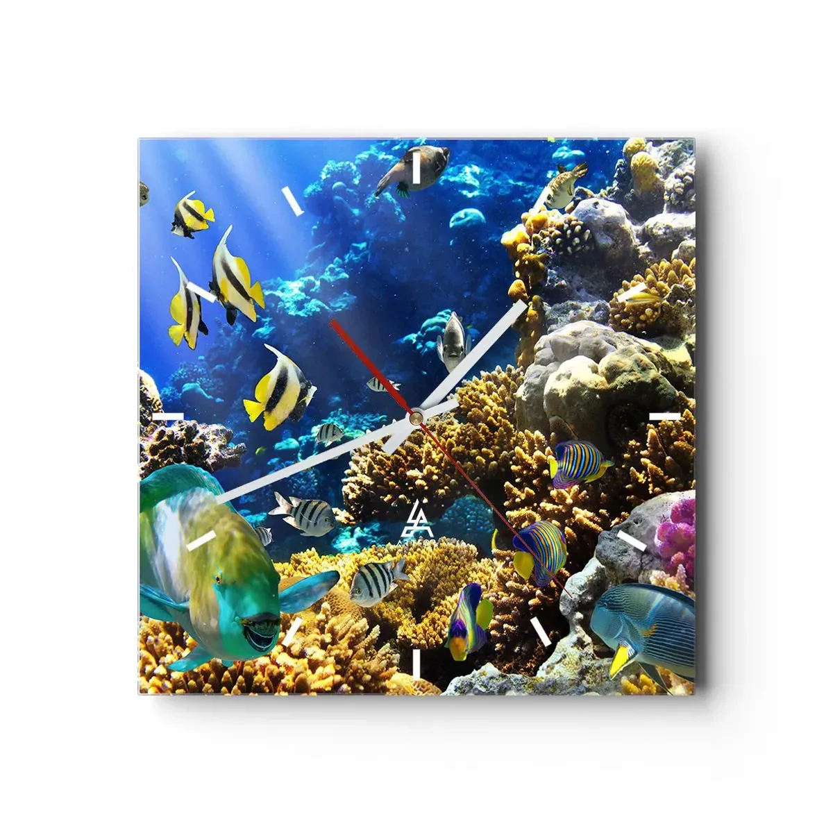 Wanduhr - Glasuhr - Ein farbenfrohes Korallenriff mit tropischen Fischen in den Tiefen des Ozeans. - 30x30cm - Viel Verkehr auf dem Ferienweg - Moderne Wanddekoration für Wohnzimmer und Schlafzimmer ARTTOR