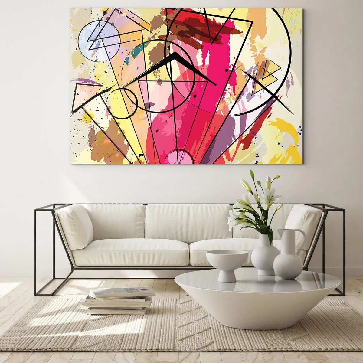 Glasbild - Bild auf glas - Bunte Abstraktion mit geometrischen Mustern und Linien - 70x50cm - Explosion - Moderne Wanddekoration für Wohnzimmer und Schlafzimmer ARTTOR