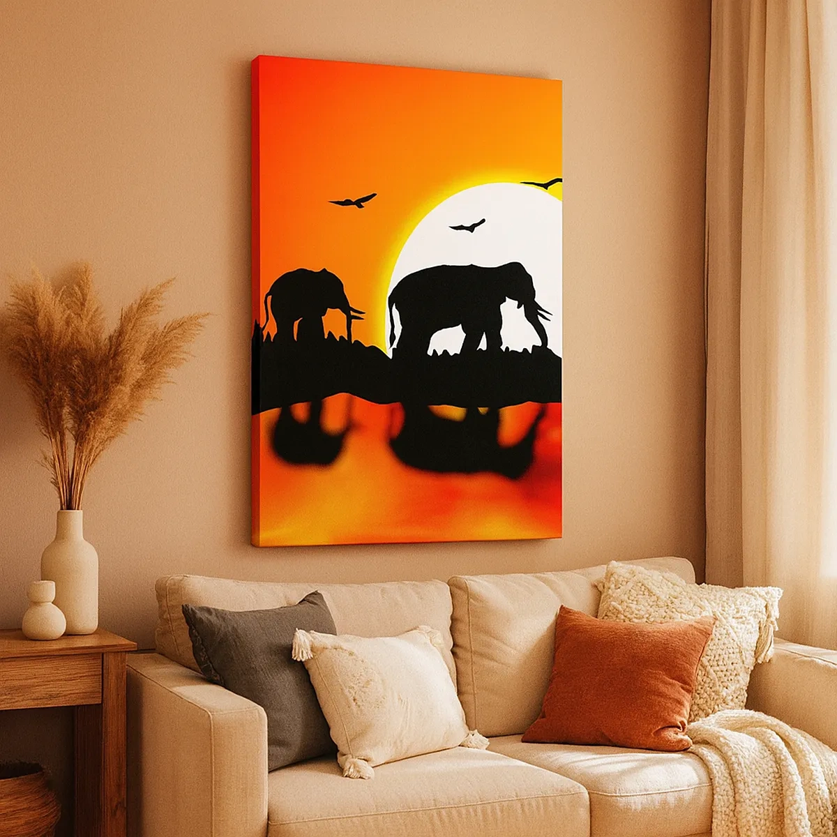 Bild auf Leinwand - Leinwandbild - Silhouetten von Elefanten bei Sonnenuntergang über dem Wasser mit Reflexion - 50x70cm - Und abends einen kleinen Drink trinken - Moderne Wanddekoration für Wohnzimmer und Schlafzimmer ARTTOR