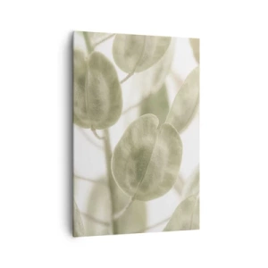 Bild auf Leinwand - Leinwandbild - Ein zartes Gemälde von Blättern in pastellfarbenen Grüntönen auf hellem Hintergrund. - 70x100cm - Am Anfang waren Blätter... - Moderne Wanddekoration für Wohnzimmer und Schlafzimmer ARTTOR