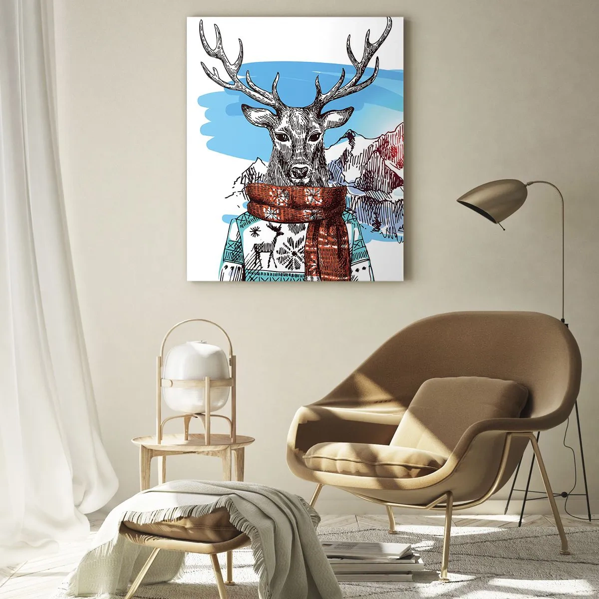 Glasbild - Bild auf glas - Ein Hirsch in Pullover und Schal vor einer Berglandschaft - 50x70cm - Auch ein Reh friert nicht - Moderne Wanddekoration für Wohnzimmer und Schlafzimmer ARTTOR