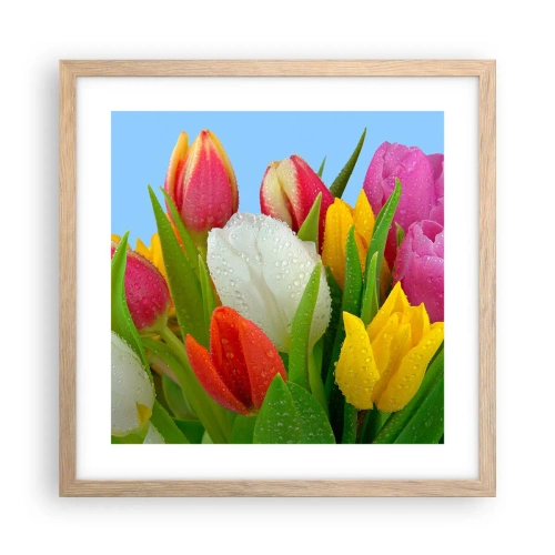 Poster in einem Rahmen aus heller Eiche - Ein blumiger Regenbogen in Tautropfen - 40x40 cm