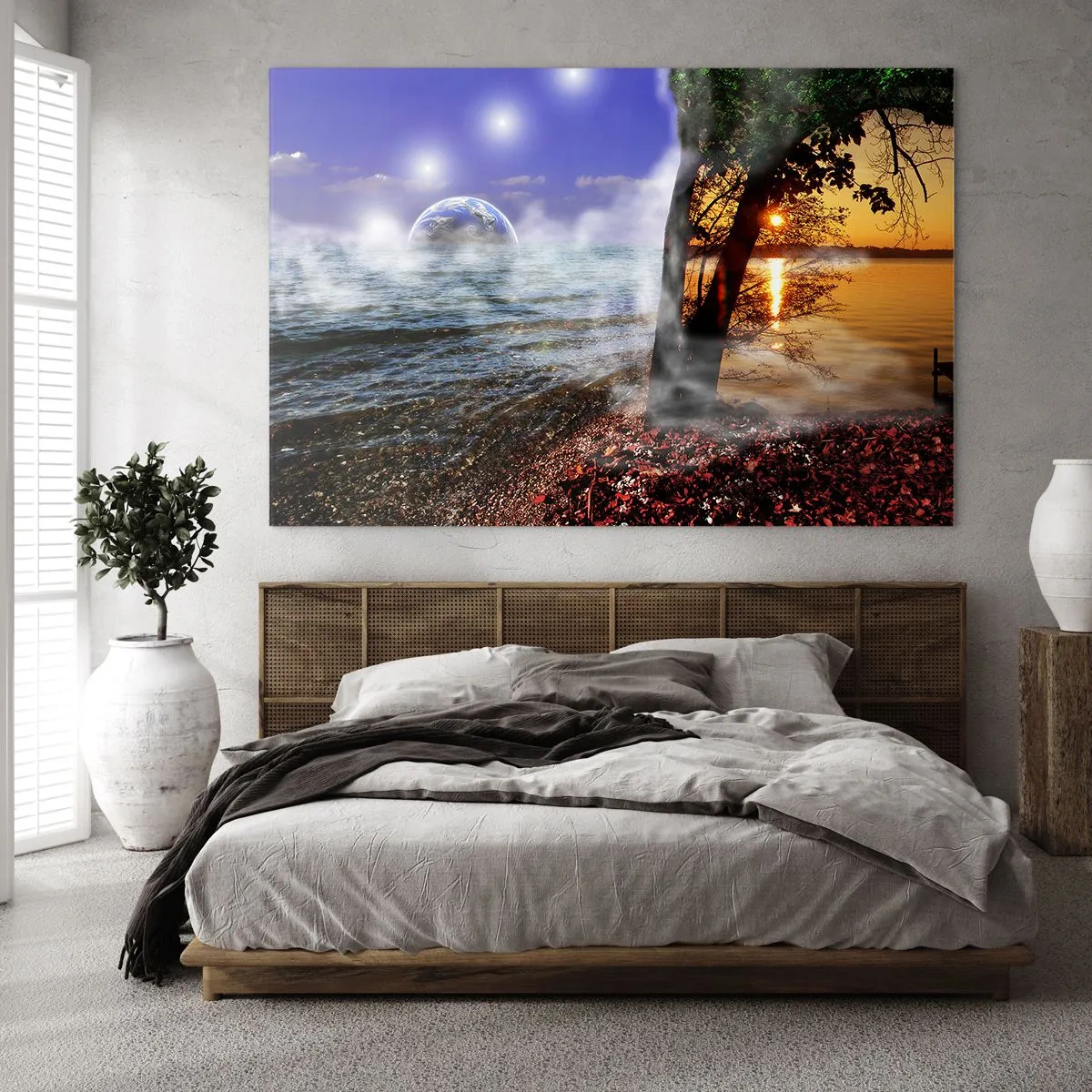 Glasbild - Bild auf glas - Eine Fantasielandschaft mit Meer und einem Planeten - 120x80cm - Surreale Landschaft - Einheit der Natur - Moderne Wanddekoration für Wohnzimmer und Schlafzimmer ARTTOR