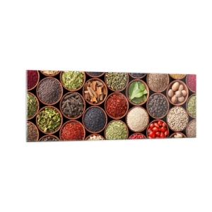 Glasbild - Bild auf glas - Bunte Gewürze in runden Behältern - 140x50cm - Alle Aromen der Welt - Moderne Wanddekoration für Wohnzimmer und Schlafzimmer ARTTOR