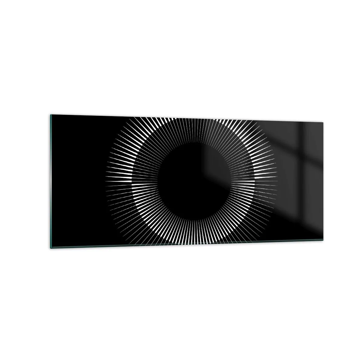 Glasbild - Bild auf glas - Grafischer Kreis mit Strahlen in Schwarz und Weiß - 120x50cm - Schwarze Sonne - Moderne Wanddekoration für Wohnzimmer und Schlafzimmer ARTTOR