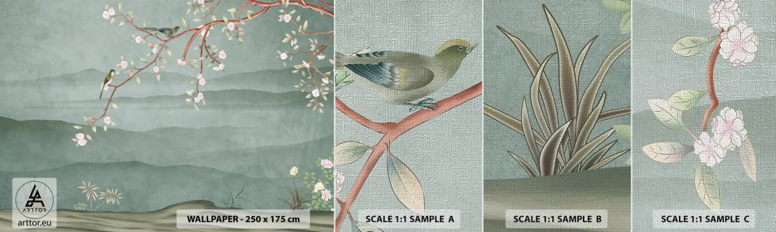 Fototapeten Muster Premium Canvas - Frühling, oh, du bist es - Pastell, Vögel, Blumen - 100x30 cm