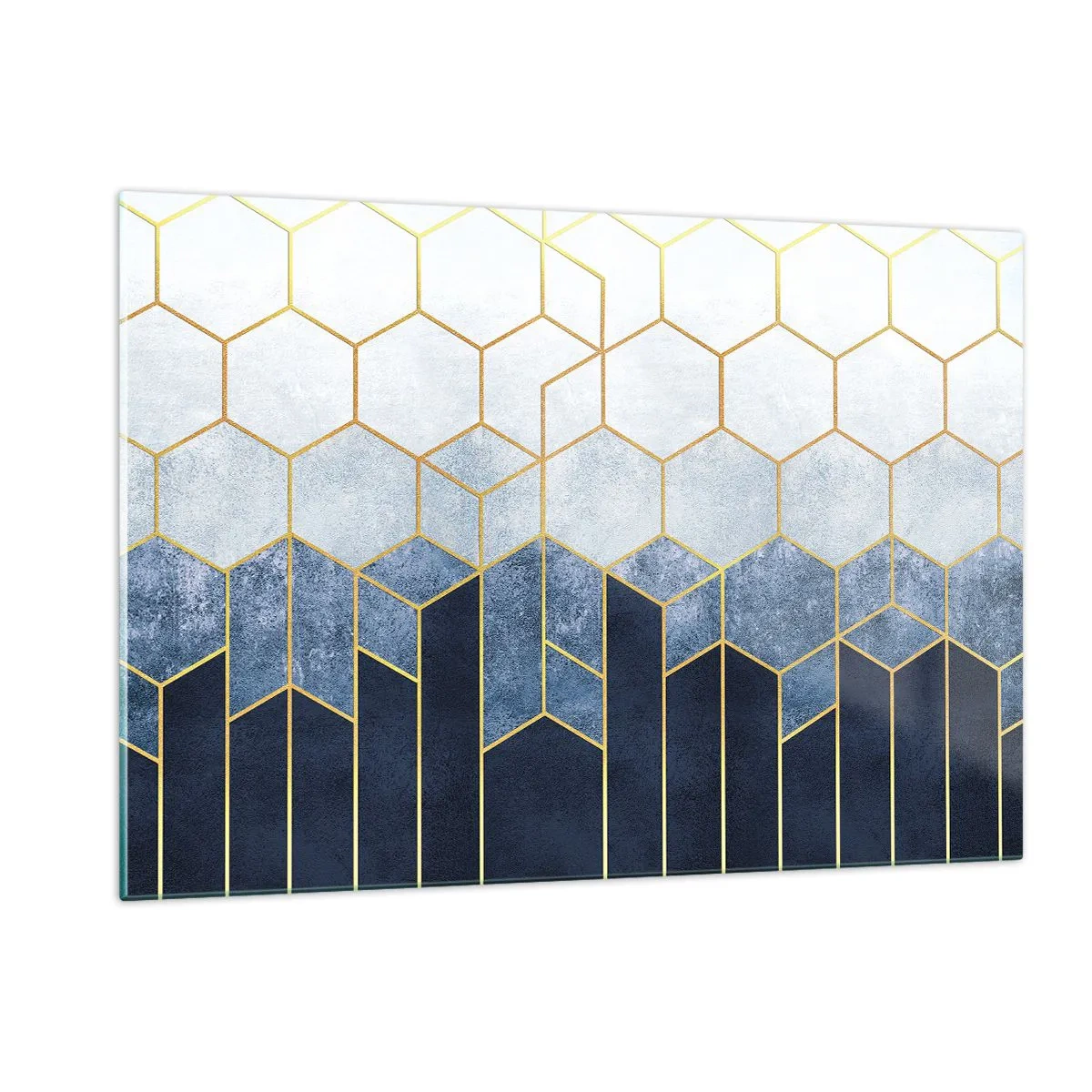 Glasbild - Bild auf glas - Geometrisches Muster in Gold- und Marineblautönen - 120x80cm - Komposition im synkopischen Rhythmus - Moderne Wanddekoration für Wohnzimmer und Schlafzimmer ARTTOR