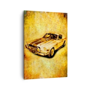 Bild auf Leinwand - Leinwandbild - Klassischer Retro-Sportwagen auf Vintage-Hintergrund in Goldtönen - 50x70cm - Die verrückten 70er Jahre - Moderne Wanddekoration für Wohnzimmer und Schlafzimmer ARTTOR