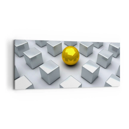 Bild auf Leinwand - Leinwandbild - Eine goldene Kugel, die zwischen den silbernen Würfeln hervorsticht - 120x50cm - Warum ich? Geometrische Zusammensetzung - Moderne Wanddekoration für Wohnzimmer und Schlafzimmer ARTTOR