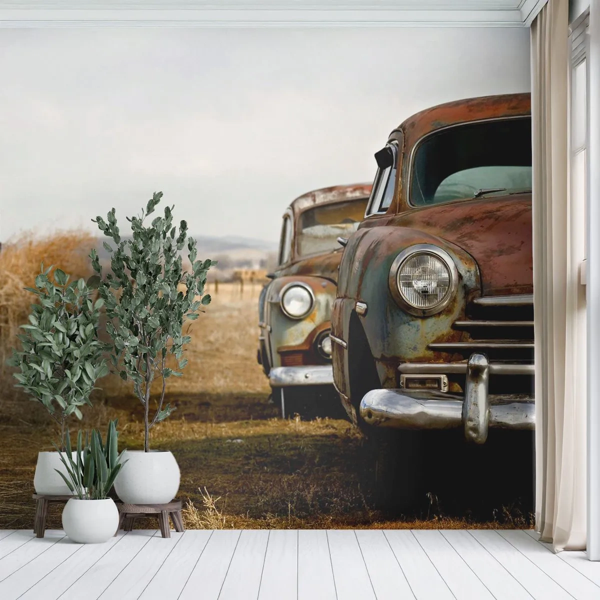 Fototapete Premium Sand - Rostige Oldtimer auf einer Landstraße - 100x70cm - Eine wohlverdiente Ruhe - Moderne Wanddekoration für Wohnzimmer und Schlafzimmer ARTTOR