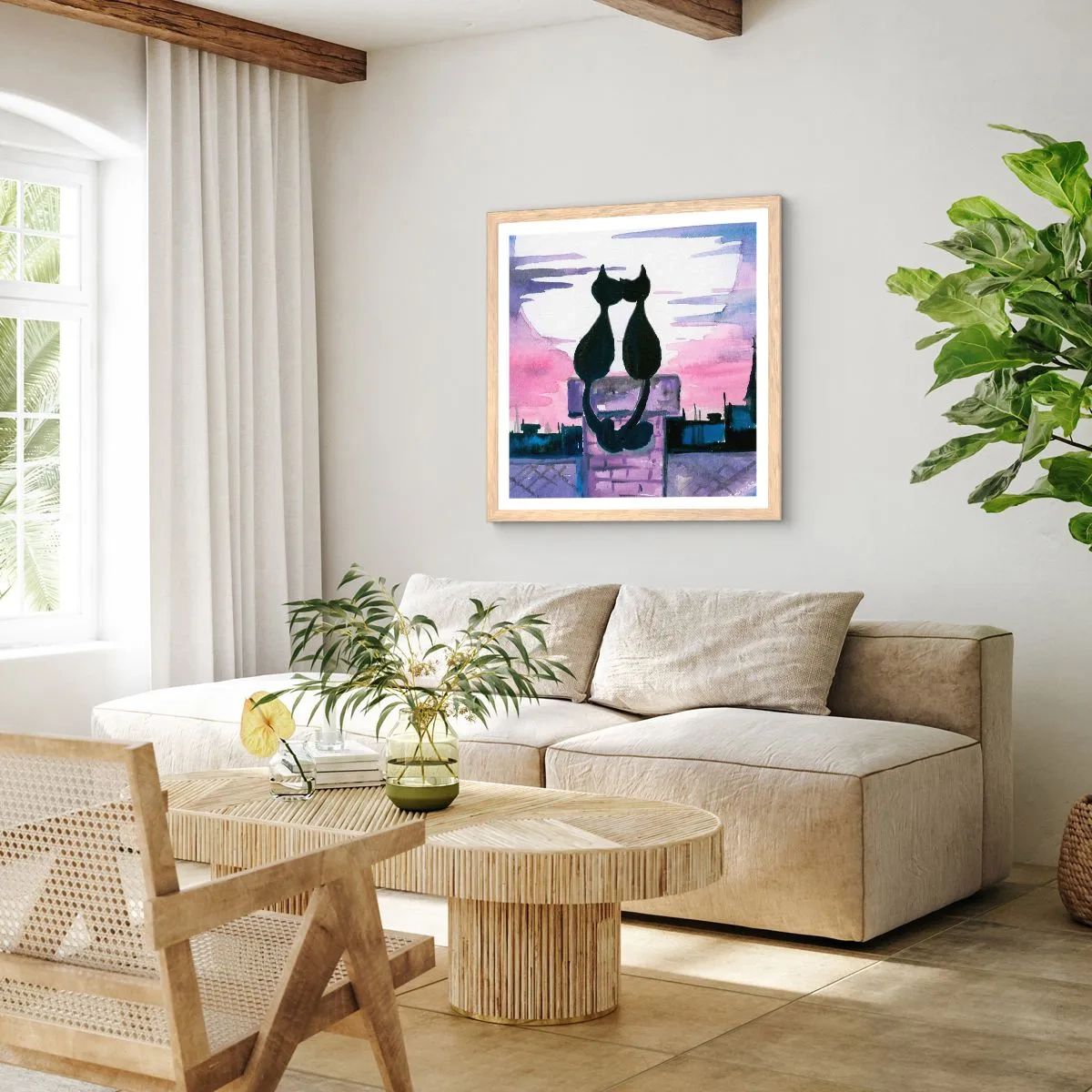 Poster in einem Rahmen aus heller Eiche - Rendez-vous unter dem Mond - 40x40 cm