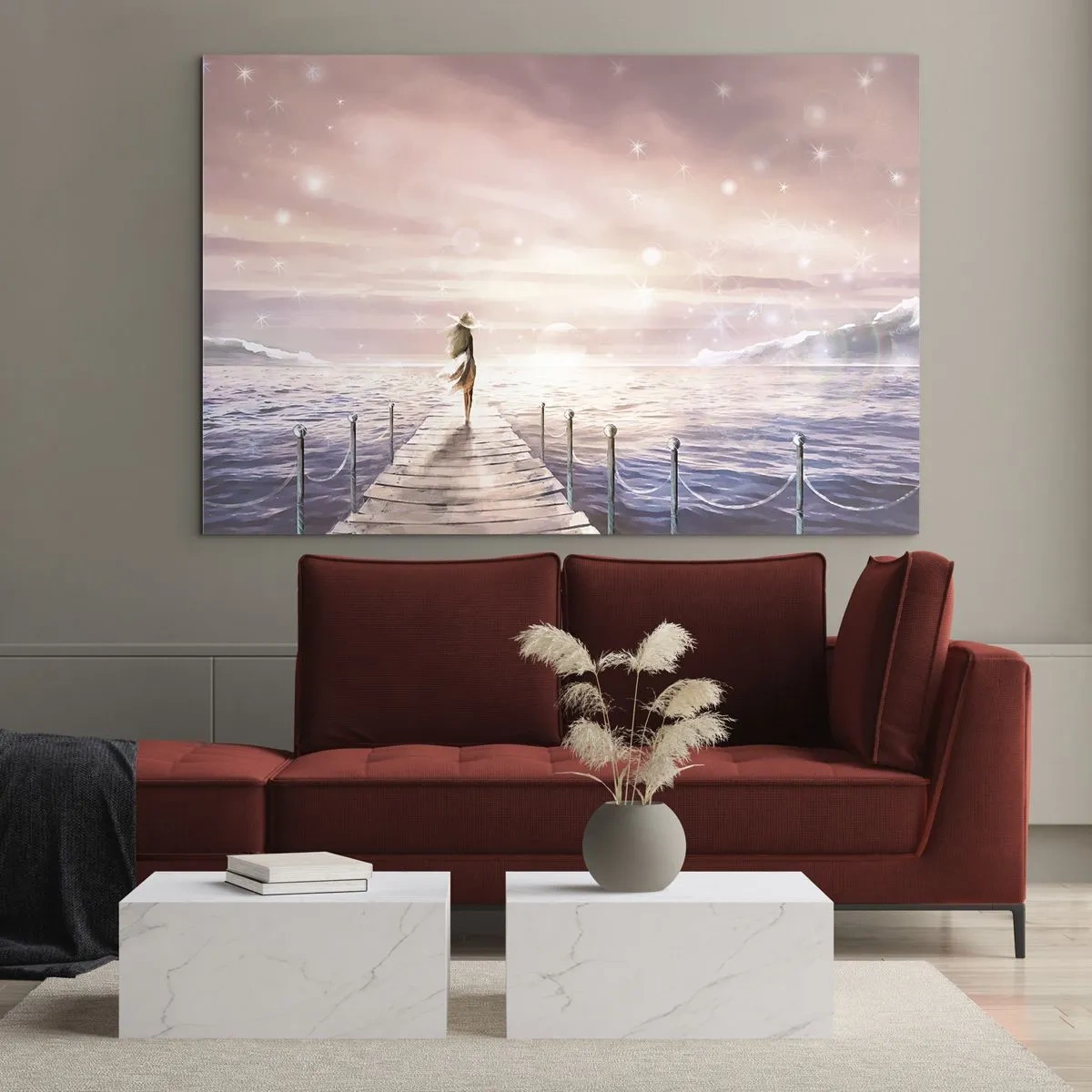 Glasbild - Bild auf glas - Frau auf dem Pier bei Sonnenuntergang - 70x50cm - Im Licht eines Traums - Moderne Wanddekoration für Wohnzimmer und Schlafzimmer ARTTOR