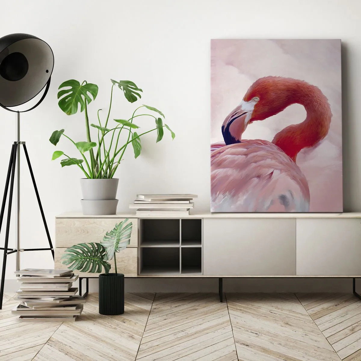 Bild auf Leinwand - Leinwandbild - Ein Flamingo in Rosatönen auf hellem Hintergrund - 70x100cm - Vogel Schönheit - Moderne Wanddekoration für Wohnzimmer und Schlafzimmer ARTTOR