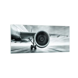 Glasbild - Bild auf glas - Das Düsentriebwerk eines Flugzeugs auf dem Rollfeld - 120x50cm - Die Macht ist da! - Moderne Wanddekoration für Wohnzimmer und Schlafzimmer ARTTOR