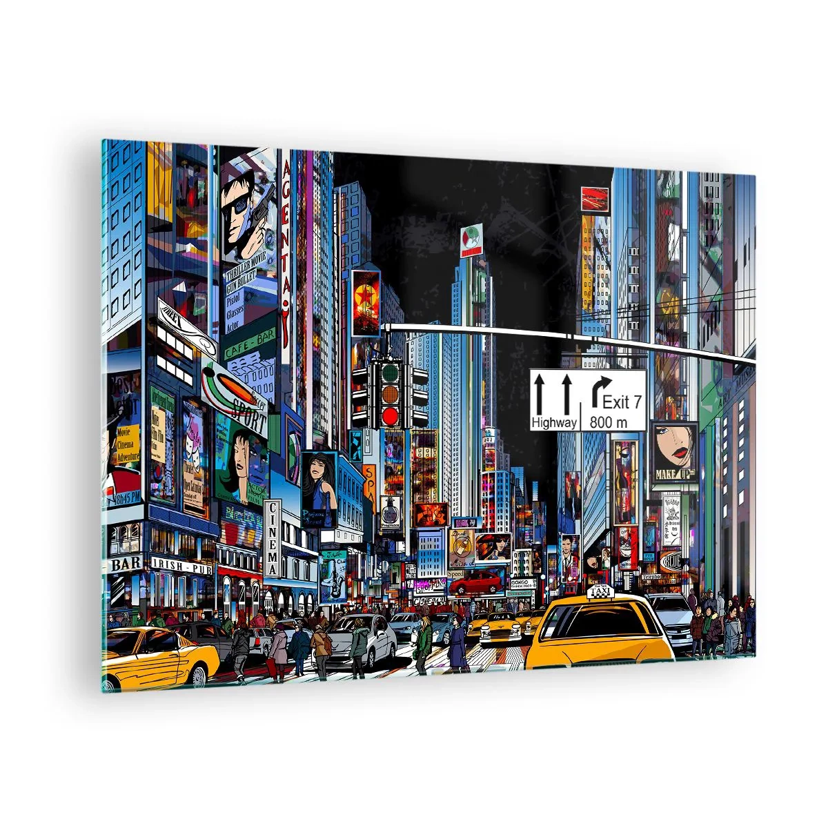 Glasbild - Bild auf glas - Eine belebte Straße mit gelben Taxis und Neonschildern - 70x50cm - Comicbuch große Nacht - Moderne Wanddekoration für Wohnzimmer und Schlafzimmer ARTTOR