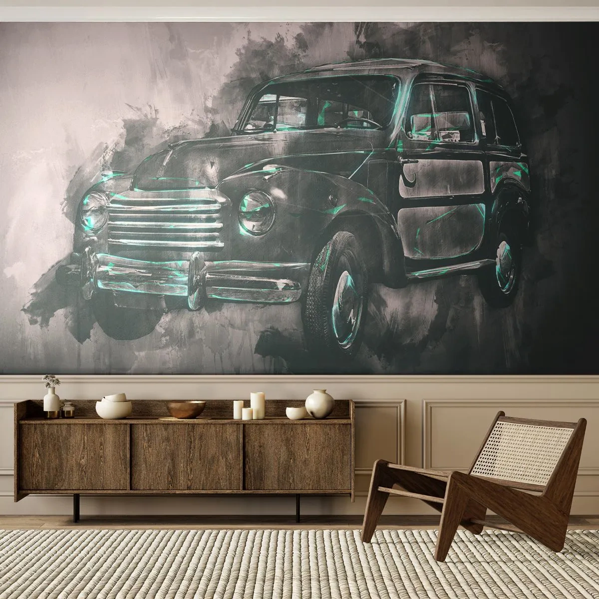 Fototapete Premium Sand - Stilisierte Zeichnung eines Retro-Autos in Grautönen - 100x70cm - Geehrter Vorfahr - Moderne Wanddekoration für Wohnzimmer und Schlafzimmer ARTTOR