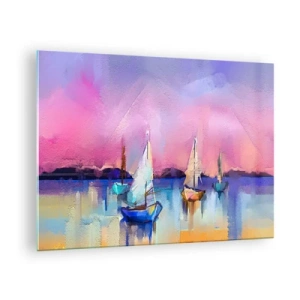 Glasbild - Bild auf glas - Abstrakter Yachthafen mit Segelbooten bei Sonnenuntergang - 70x50cm - Richtung: breites Wasser - Moderne Wanddekoration für Wohnzimmer und Schlafzimmer ARTTOR