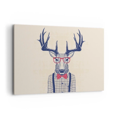 Bild auf Leinwand - Leinwandbild - Stilisierte Grafik eines Hirsches mit Brille und Fliege - 100x70cm - Eine lustige Extravaganz - Moderne Wanddekoration für Wohnzimmer und Schlafzimmer ARTTOR