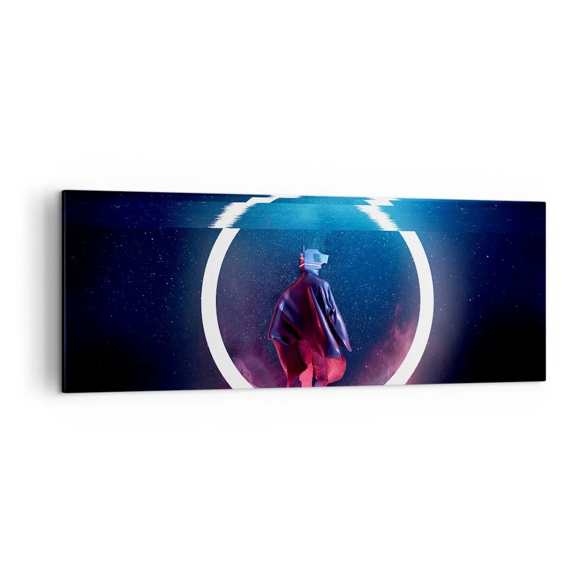 Bild auf Leinwand - Leinwandbild - Eine Figur in einer futuristischen Umgebung mit einem Neonkreis - 140x50cm - Zwischen den Welten - Moderne Wanddekoration für Wohnzimmer und Schlafzimmer ARTTOR
