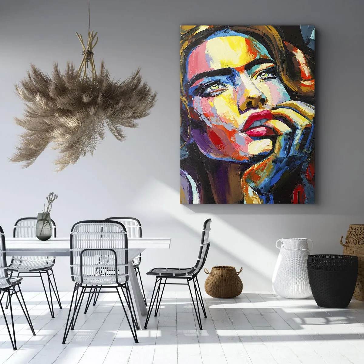 Bild auf Leinwand - Leinwandbild - Farbenfrohes Frauenporträt im expressionistischen Stil - 70x100cm - Träume fliegen am Himmel wie Vögel - Moderne Wanddekoration für Wohnzimmer und Schlafzimmer ARTTOR