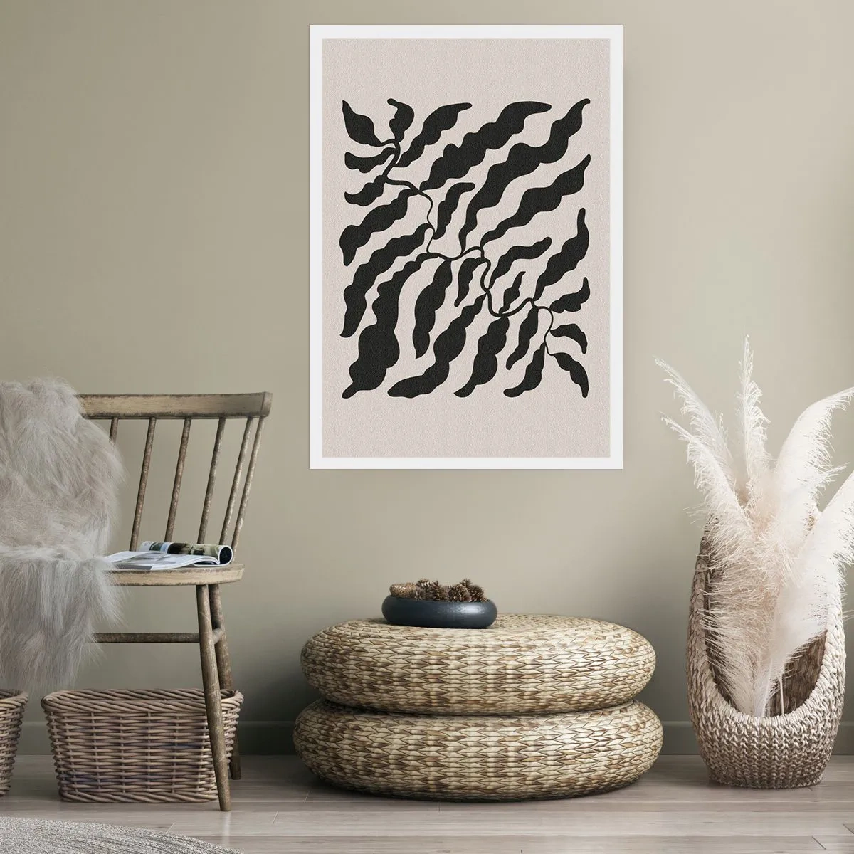 Poster - Abstrakte Pflanzenkomposition in Schwarz auf beigem Hintergrund - 50x70cm - Natur des Quadrats - Moderne Wanddekoration für Wohnzimmer und Schlafzimmer ARTTOR