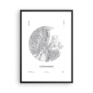 Poster in einem schwarzem Rahmen - Eine minimalistische Karte von Kopenhagen in Schwarzweiß. - 50x70cm - Anatomie von Kopenhagen - Moderne Wanddekoration für Wohnzimmer und Schlafzimmer ARTTOR