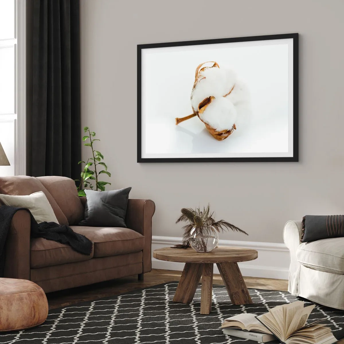 Poster in einem schwarzem Rahmen - Ein Baumwollzweig auf hellem Hintergrund in minimalistischem Ansatz - 100x70cm - Von Natur aus weich - Moderne Wanddekoration für Wohnzimmer und Schlafzimmer ARTTOR