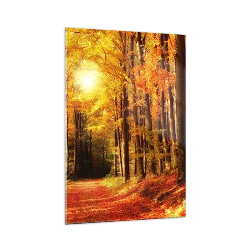 Glasbild - Bild auf glas - Herbstwald mit Sonnenstrahlen, die durch die Bäume scheinen - 70x100cm - Goldener Herbst auf einer Forststraße - Moderne Wanddekoration für Wohnzimmer und Schlafzimmer ARTTOR