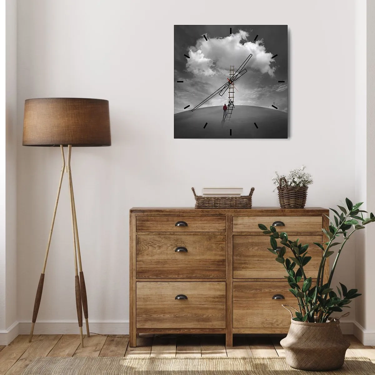 Wanduhr - Glasuhr - Eine Person in einem roten Mantel und eine Leiter, die zu einer Wolke führt - 30x30cm - Alles ist möglich - Moderne Wanddekoration für Wohnzimmer und Schlafzimmer ARTTOR