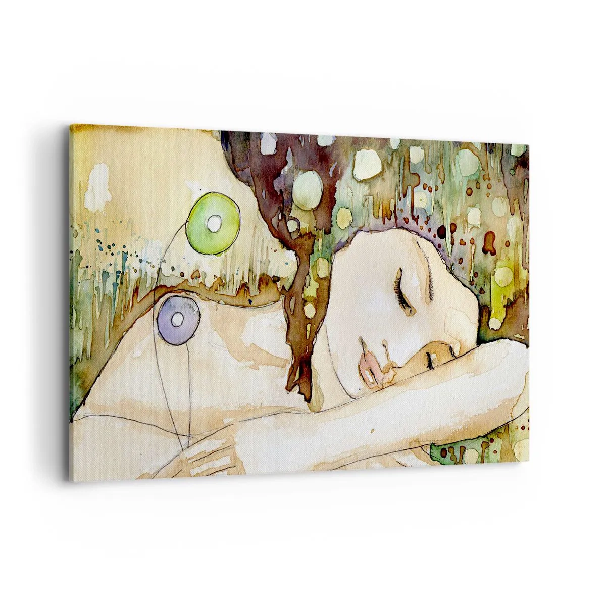 Bild auf Leinwand - Leinwandbild - Eine träumende Frau, umgeben von abstrakten Formen und Farben. - 120x80cm - Ein smaragd-violetter Traum - Moderne Wanddekoration für Wohnzimmer und Schlafzimmer ARTTOR