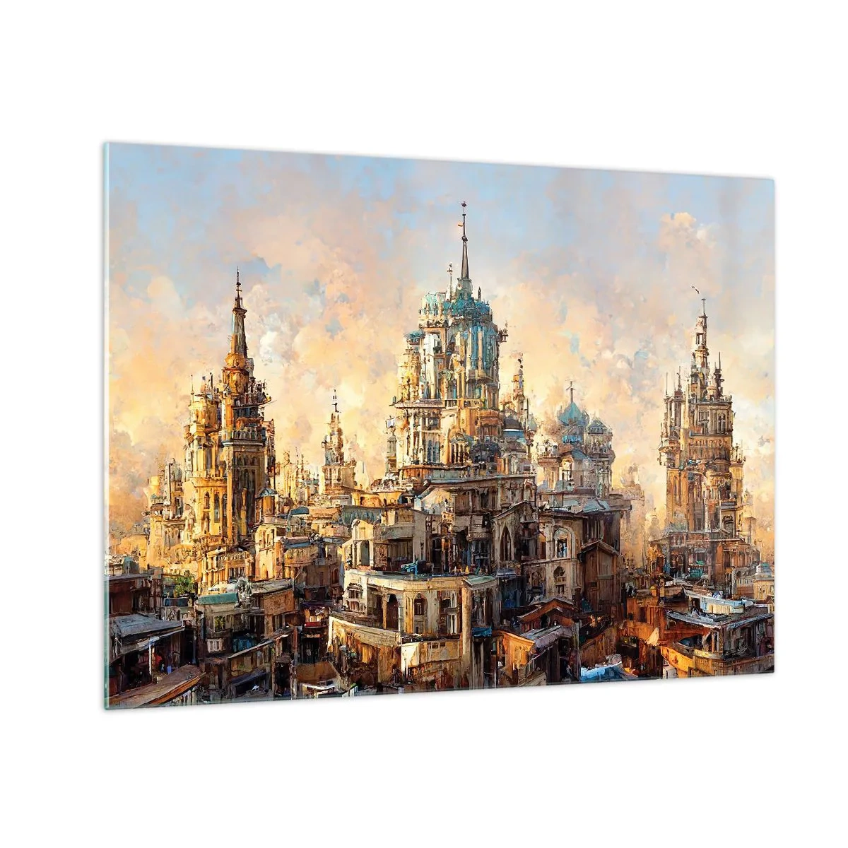 Glasbild - Bild auf glas - Ein fantastisches Panorama der Stadt mit Türmen und Palästen - 70x50cm - Stadt der Städte - Moderne Wanddekoration für Wohnzimmer und Schlafzimmer ARTTOR