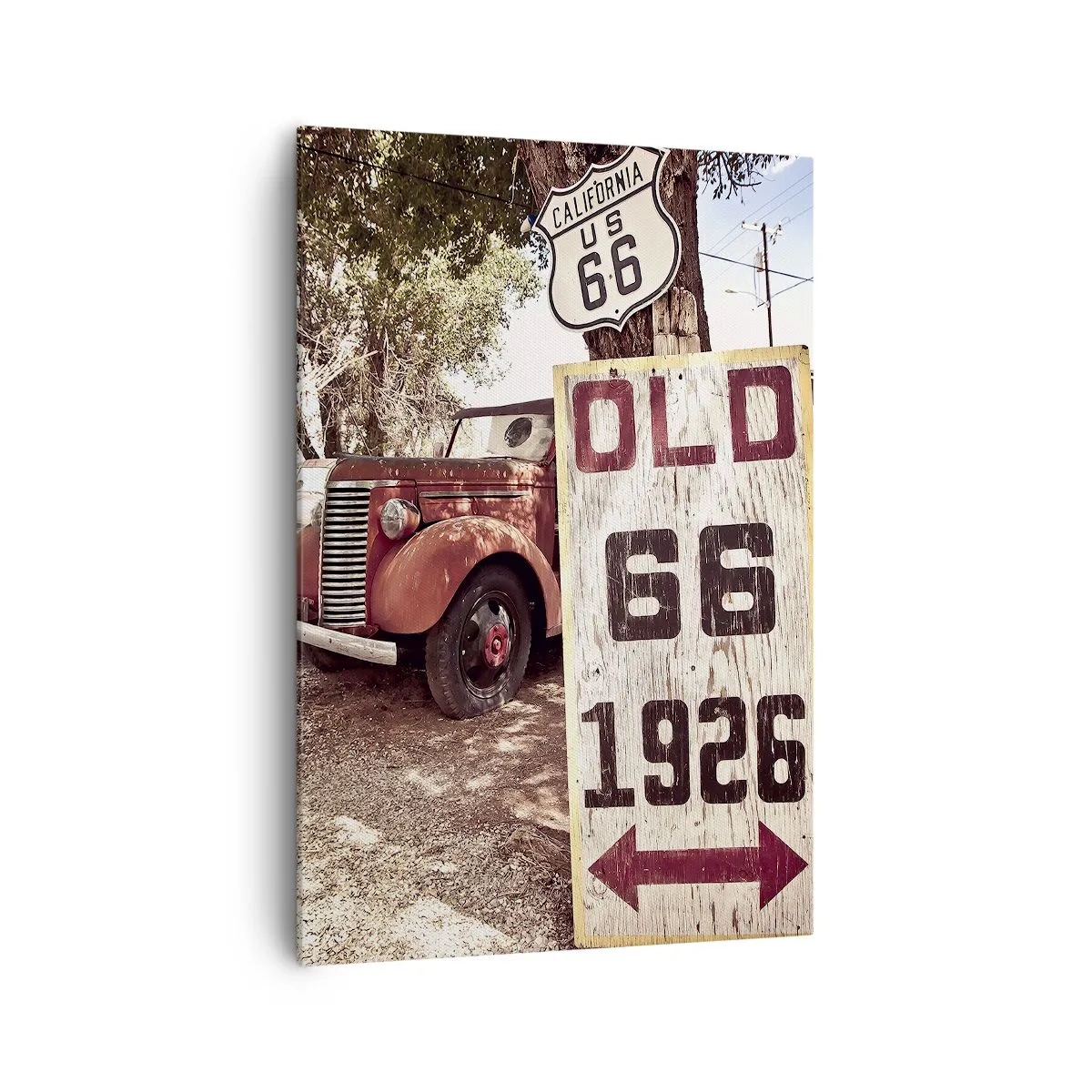 Bild auf Leinwand - Leinwandbild - Retro-Auto und Route 66-Schild in rustikalem Ambiente - 70x100cm - Die Legende der amerikanischen Provinz - Moderne Wanddekoration für Wohnzimmer und Schlafzimmer ARTTOR