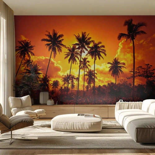 Fototapete Premium Sand - Palmen vor einem goldenen Himmel bei Sonnenuntergang - 100x70cm - Berge brennen, Wälder brennen - Moderne Wanddekoration für Wohnzimmer und Schlafzimmer ARTTOR
