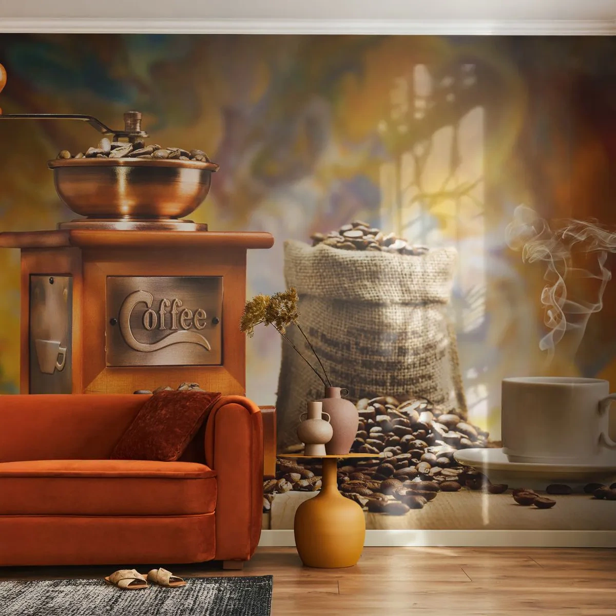 Fototapete Premium Sand - Eine Kaffeemühle, eine Tüte Bohnen und eine Tasse dampfenden Kaffee - 100x70cm - Das Knirschen der Körner, das Rasseln einer Mühle - Moderne Wanddekoration für Wohnzimmer und Schlafzimmer ARTTOR