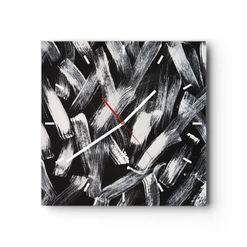 Wanduhr - Glasuhr - Dynamische Abstraktion mit weißen Pinselstrichen auf schwarzem Hintergrund. - 30x30cm - Abstraktion im industriellen Geist - Moderne Wanddekoration für Wohnzimmer und Schlafzimmer ARTTOR