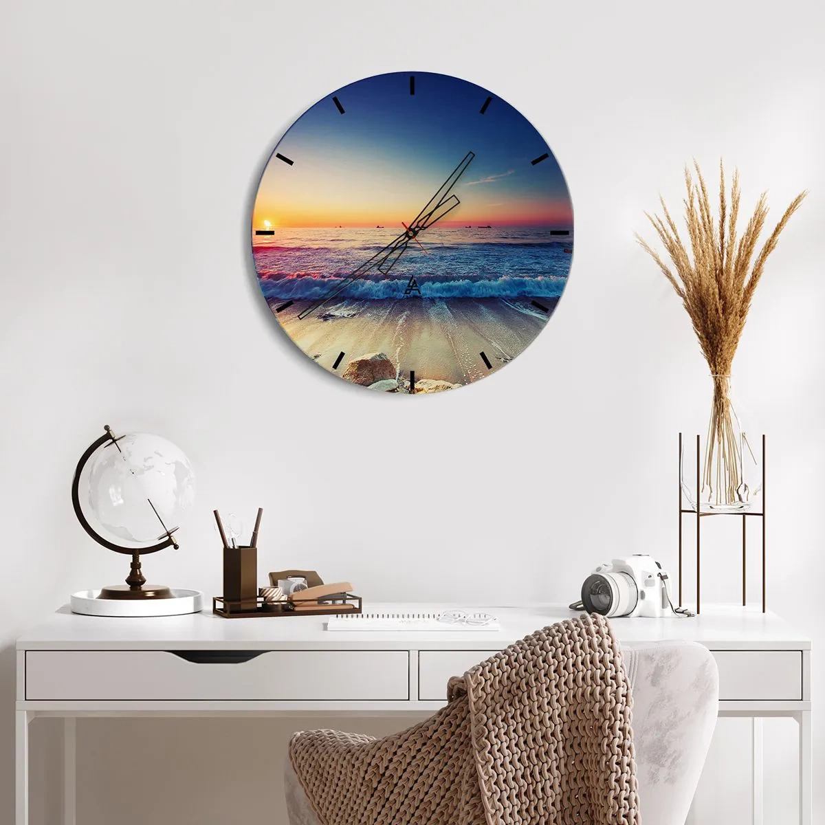 Wanduhr - Glasuhr - Blick auf den Sonnenuntergang über dem Meer mit Wellen am Ufer - 30x30cm - Was ist mit dem Horizont? - Moderne Wanddekoration für Wohnzimmer, Küche und Schlafzimmer ARTTOR