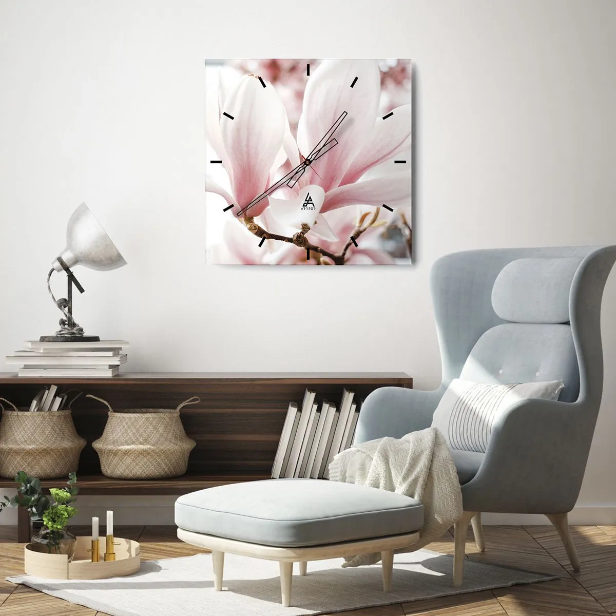 Wanduhr - Glasuhr - Zarte Magnolienblüten in Pastelltönen - 30x30cm - Eine Fülle von Zärtlichkeit - Moderne Wanddekoration für Wohnzimmer und Schlafzimmer ARTTOR