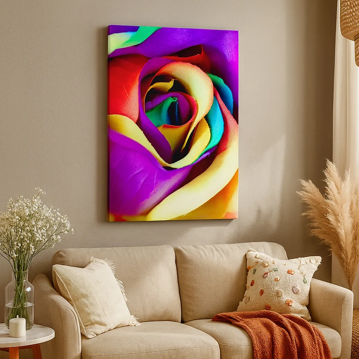 Bild auf Leinwand - Leinwandbild - Eine bunte Rose in Regenbogenfarben - 50x70cm - Es ist unmöglich - Moderne Wanddekoration für Wohnzimmer und Schlafzimmer ARTTOR