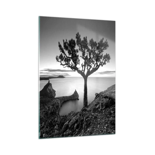 Glasbild - Bild auf glas - Ein Baum auf einer Klippe mit Blick auf die Bucht - 50x70cm - Stille bis zum Horizont - Moderne Wanddekoration für Wohnzimmer und Schlafzimmer ARTTOR