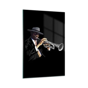 Glasbild - Bild auf glas - Ein Musiker spielt Trompete vor schwarzem Hintergrund - 70x100cm - Charme der alten Schule - Moderne Wanddekoration für Wohnzimmer und Schlafzimmer ARTTOR