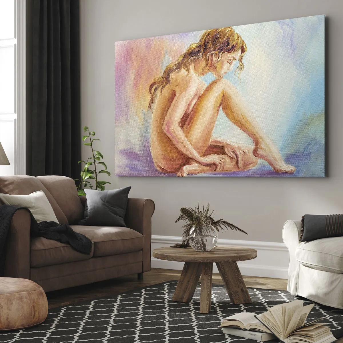 Bild auf Leinwand - Leinwandbild - Eine zarte Figur einer Frau auf einem pastellfarbenen Hintergrund - 70x50cm - Akt der Jugend - Moderne Wanddekoration für Wohnzimmer und Schlafzimmer ARTTOR